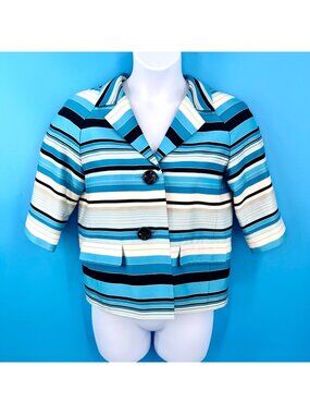 TALBOTS BLUE STRIPED CROP 3/4 SLEEVE BLAZER - 8